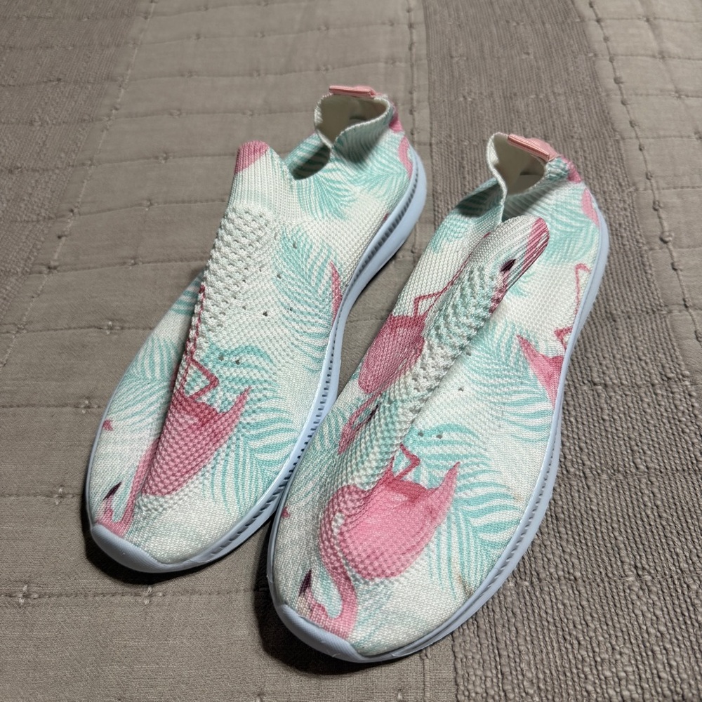 Women's Slip On Flamingo Print Pink White Low Top Lightweight Sneaker Size UK 40